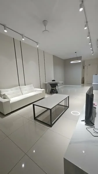Living features: white leather sofa, glass coffee table with black metal frame, polished ceramic tile flooring, recessed LED downlights, ceiling fan, wall-mounted TV, neutral painted walls, decorative wall paneling, open layout, modern pendant light; style: modern.