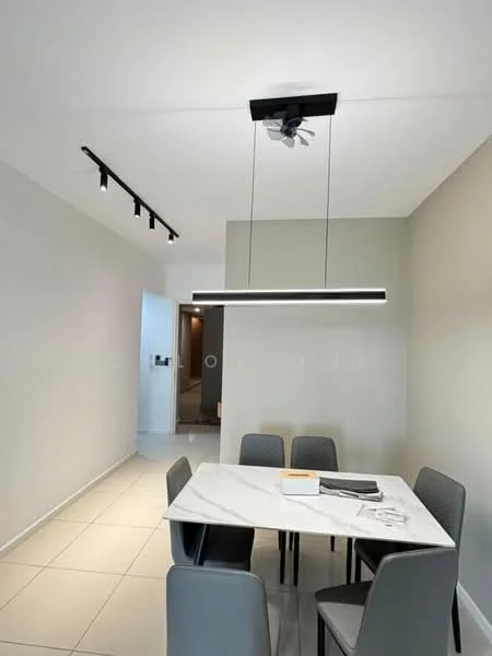 Dining features: marble dining table, 6-seater dining table, upholstered dining chairs in grey, pendant light fixture, track lighting, white painted walls, tile flooring, ceiling fan; style: modern.
