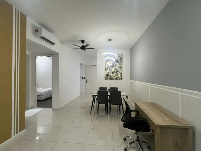 Living features: white painted walls, grey accent wall, cream tiled flooring, 5-blade ceiling fan with light, chandelier, dining table with 4 chairs, wooden desk, black office chair, framed artwork, recessed lighting; style: modern. Room features: white painted walls, cream tiled flooring, doorway leading to bedroom, doorway leading to kitchen, recessed lighting.