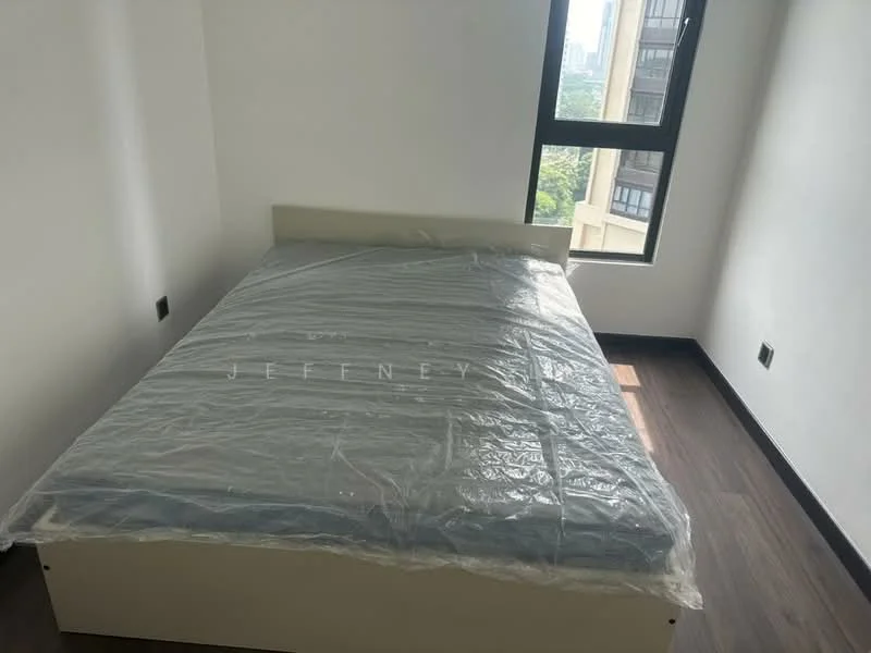 Bedroom features: queen-size bed with mattress cover, floor-to-ceiling window, wooden flooring, white painted walls, blackout curtains, built-in wardrobe, minimalist decor; style: modern; view: city.
