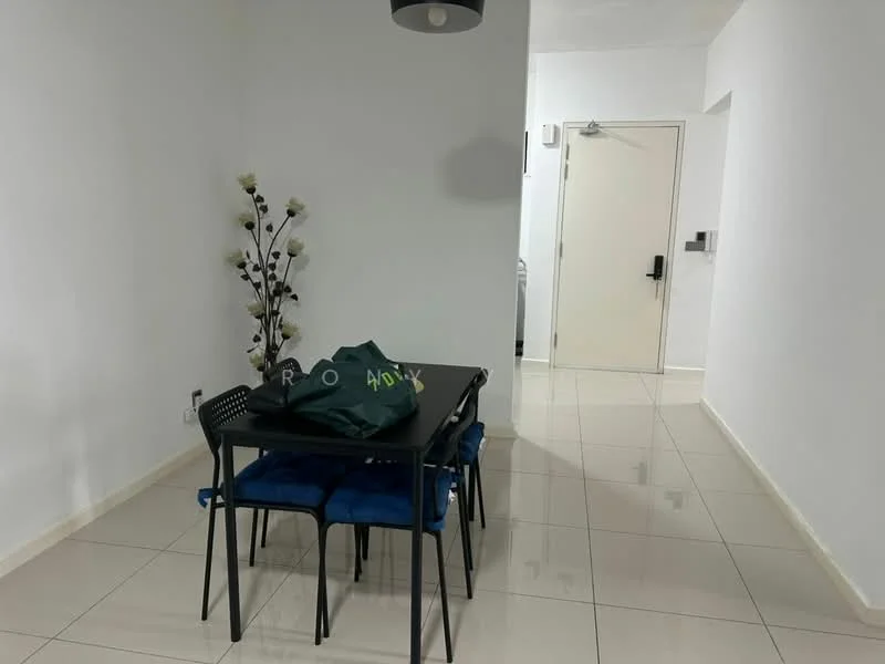 Dining features: white painted walls, glossy ceramic tile flooring, black dining table, four black chairs, decorative floor lamp with flowers, recessed ceiling light, door to hallway, neutral decor; style: modern.