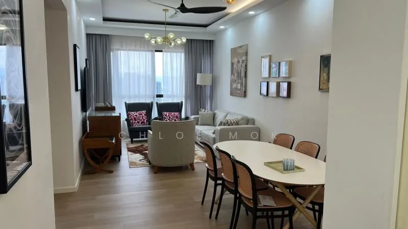Living features: light wood flooring, white painted walls, recessed downlights, 5-blade ceiling fan with light, large windows with sheer curtains, sofa in light grey fabric, 2 armchairs in grey fabric, coffee table, decorative area rug with geometric pattern, wall-mounted artwork, dining table with 6 chairs, sideboard, decorative plants; style: modern; view: city.