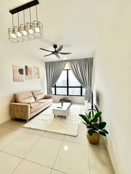 Living features: 3-seater fabric sofa in beige, coffee table, wall-mounted TV, area rug, 5-blade ceiling fan, floor-to-ceiling windows, sheer curtains, decorative plant in pot, light fixture with geometric design, white painted walls, glossy tile flooring; style: modern; view: city.