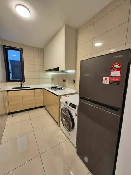 Kitchen features: white tiled walls, beige cabinetry, black countertop, stainless-steel sink, chrome pull-down faucet, built-in gas hob, extraction hood, stainless-steel fridge, front-load washing machine, polished ceramic tile flooring, single window, recessed ceiling lights; style: modern.