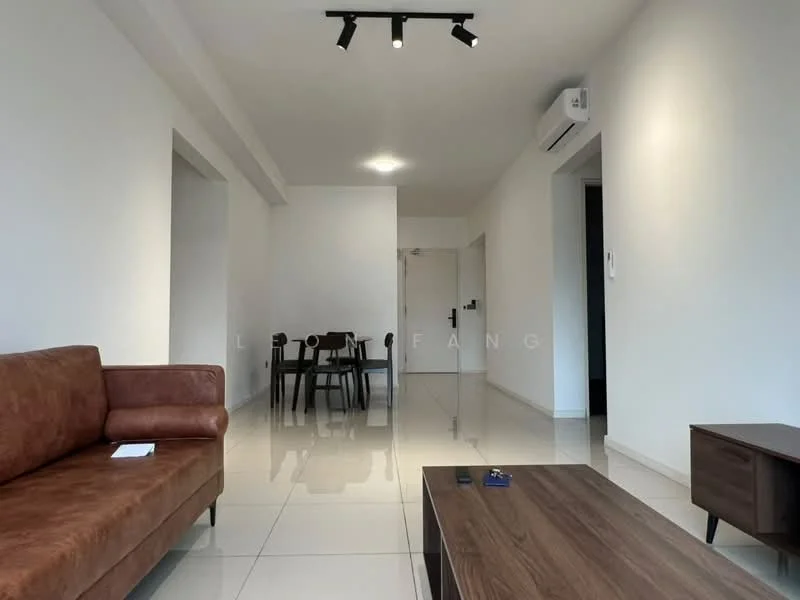 Living features: brown leather sofa, coffee table, white painted walls, glossy tile flooring, recessed LED downlights, 1 wall-mounted split AC, open layout, dining area visible in background; style: modern.