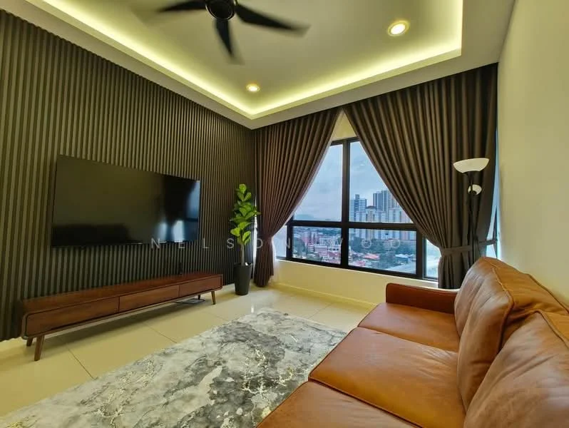 Living features: brown leather sofa, area rug with geometric pattern, wall-mounted TV, wooden TV console, floor-to-ceiling windows, blackout curtains, recessed downlights, 5-blade ceiling fan, decorative plant, accent wall with vertical lines, cream painted walls, light-colored flooring; style: modern; view: city.