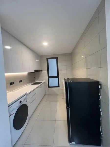 Laundry features: white cabinetry, black refrigerator, front-load washing machine, white countertop, grey tiled walls, white tiled flooring, recessed LED downlights, single-bowl stainless-steel sink, black faucet, window with black frame; style: modern.