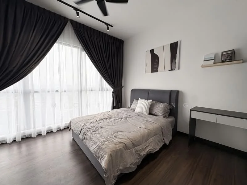 Bedroom features: king-size bed with grey upholstered headboard, bedding in light grey, floor-to-ceiling windows with sheer curtains, dark grey curtains, wooden flooring, ceiling fan with light, decorative wall art, floating shelf with books, side table with drawer; style: modern; view: city.