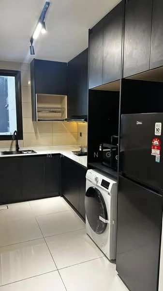 Kitchen features: black cabinetry, white quartz countertop, single-bowl stainless-steel sink, chrome pull-down faucet, built-in oven, freestanding range oven, stainless-steel fridge, front-load washing machine, ceramic tile flooring, recessed LED downlights, wall-mounted shelves, window with view, tile backsplash; style: modern.