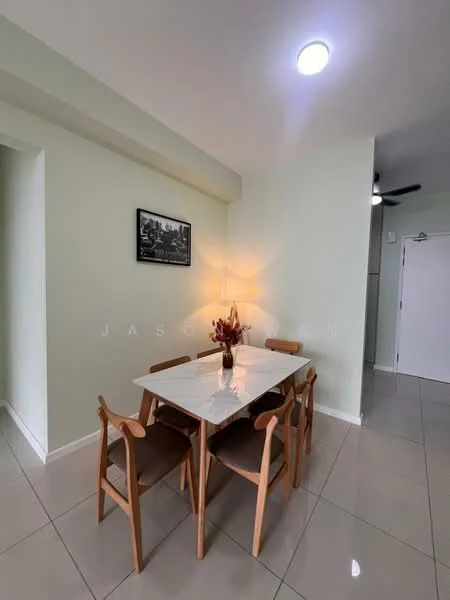 Dining features: rectangular dining table with white marble top, 4 wooden dining chairs with fabric upholstery, pendant lamp on table, light green painted walls, glossy ceramic tile flooring, ceiling fan, framed artwork on wall, doorway leading to another room; style: modern.