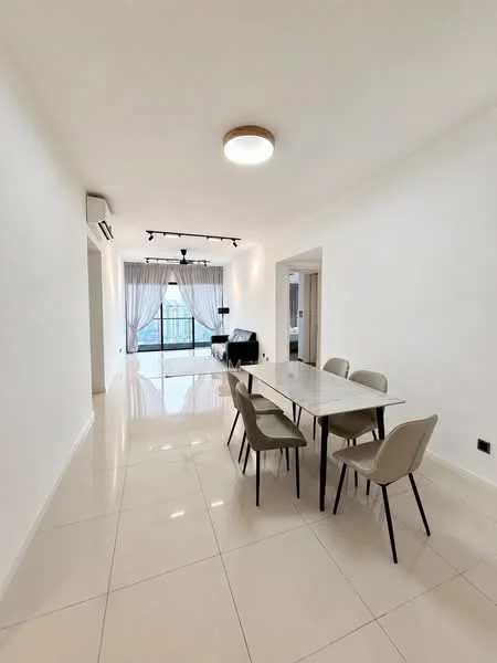 Dining features: white painted walls, glossy tile flooring, dining table with marble top, 4 upholstered dining chairs, ceiling-mounted track lighting, floor-to-ceiling windows, sheer curtains, open layout to living area; style: modern; view: city. Living features: sofa, coffee table, TV console, wall-mounted TV; style: modern; view: city.