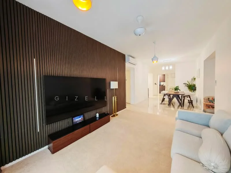 Living features: light beige carpet flooring, wood panel accent wall in dark brown, wall-mounted flat-screen TV, brown wooden TV console, sofa in light blue fabric, recessed ceiling lights, pendant light fixture, air conditioning unit, decorative plant in corner, dining area visible in background, open layout to adjacent rooms; style: modern.