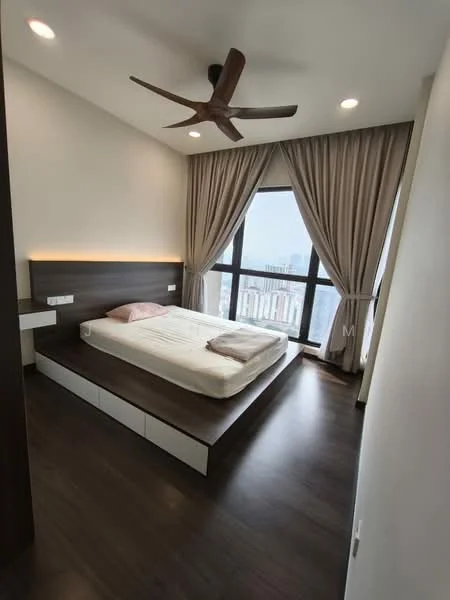 Bedroom features: king-size bed, upholstered headboard, 2 bedside tables, 5-blade ceiling fan with light, floor-to-ceiling windows, curtains, wooden flooring, wall-mounted light switches; style: modern; view: city.
