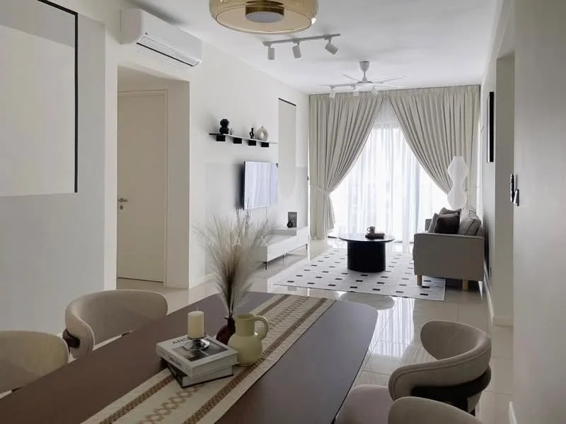 Living features: white painted walls, polished tile flooring, 5-blade ceiling fan with light, recessed LED downlights, floor-to-ceiling windows, sheer curtains, TV mounted on wall, sofa in light grey, coffee table, area rug with geometric pattern, decorative vase, wall-mounted shelf with decor items; style: modern; view: city. Dining features: dining table with wood finish, upholstered dining chairs, decorative runner on table, candle holder, ceramic vase, wall-mounted decor shelf; style: modern.