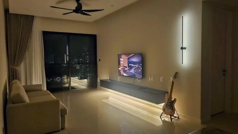Living features: 3-seater fabric sofa in beige, wall-mounted TV, floating TV console with LED strip lighting, floor-to-ceiling windows, blackout curtains, ceiling fan, decorative wall sconce, polished tile flooring, guitar, neutral painted walls; style: modern; view: city.