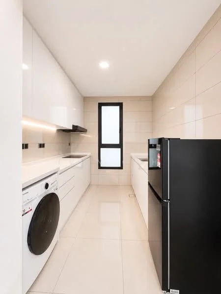 Kitchen features: white high-gloss cabinetry, black refrigerator, front-load washing machine, white quartz countertop, ceramic tile backsplash, single-bowl stainless-steel sink, chrome pull-down faucet, recessed LED downlights, large window for natural light, neutral tile flooring; style: modern.