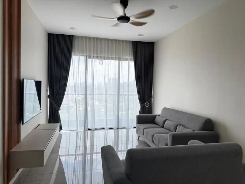 Living features: grey fabric 3-seater sofa, grey fabric 2-seater sofa, wall-mounted TV, white TV console, floor-to-ceiling windows, sheer curtains, blackout curtains, recessed downlights, ceiling fan with light, glossy tile flooring, wood accent wall, city view; style: modern; view: city.