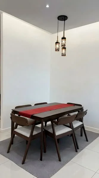 Dining features: 6-seater dining table, wooden dining chairs, grey area rug, pendant lighting with woven shades, white painted walls, glossy tile flooring, decorative table runner in red, recessed ceiling lights; style: modern.