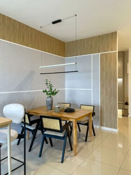 Dining features: wood dining table, 4 black dining chairs with cane backrest, hanging linear pendant light, grey wallpaper with white stripes, wood accent wall, white ceramic vase with greenery, white plates, cutlery, glasses, glossy tile flooring; style: modern.