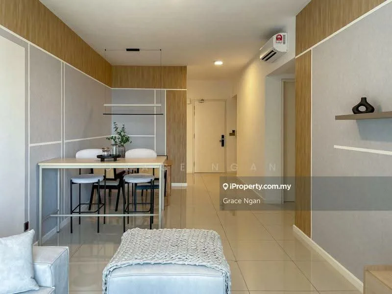 Dining features: dining table with four chairs, light wood dining table, white walls with wood accent, grey tiled flooring, wall-mounted shelf, air conditioning unit, recessed ceiling lights, decorative plant on table; style: modern. Hallway features: white walls, wood paneling, door leading to another room, light fixture, floor-to-ceiling mirror; style: modern.