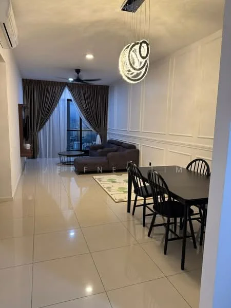 Living features: grey fabric sofa, black dining table for 4, black dining chairs, white walls with panel moulding, recessed ceiling lights, modern chandelier, floor-to-ceiling windows, sheer curtains, glossy tile flooring, area rug with geometric pattern, ceiling fan; style: modern; view: city.