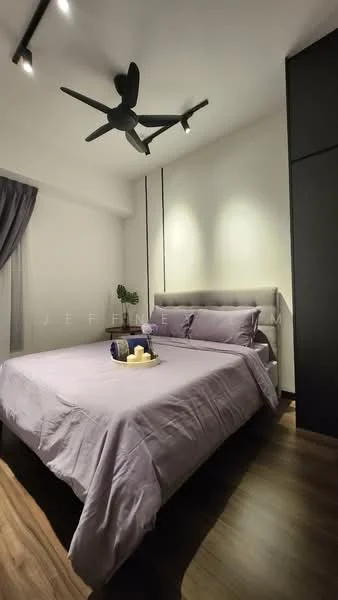 Bedroom features: queen-size bed with purple bedding, upholstered headboard, 5-blade ceiling fan with light, wooden flooring, floor-to-ceiling window with sheer curtains, decorative plant on bedside table, nightstand with candles, built-in wardrobe, recessed lighting; style: modern.