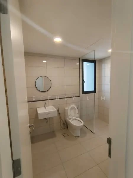 Bathroom features: white tiled walls, light grey tiled flooring, round mirror, single-sink vanity with wall-mounted faucet, one-piece toilet, walk-in shower with glass enclosure, recessed downlights, window for natural light; style: modern.