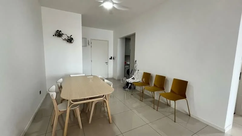Dining features: rectangular wooden dining table, 6 dining chairs in beige and brown, white painted walls, tile flooring, ceiling fan with light, wall-mounted decor, open layout to kitchen, natural light from window; style: modern.