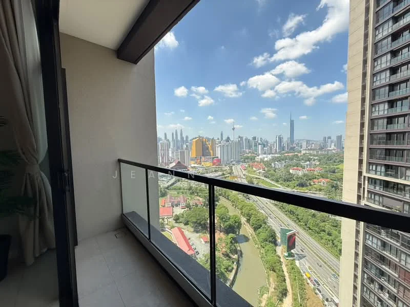 Balcony features: glass railing, floor-to-ceiling sliding glass door, city skyline view, outdoor flooring, potted plants; style: modern; view: city.