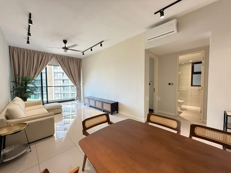 Living features: 3-seater fabric sofa in cream, coffee table, TV console, wall-mounted TV, floor-to-ceiling windows, curtains, recessed LED downlights, ceiling fan, glossy tile flooring, indoor plant, open layout to dining area; style: modern; view: city. Dining features: wooden dining table, 4 dining chairs, minimalist design, near floor-to-ceiling windows; style: modern; view: city. Bathroom features: one-piece toilet, wall-mounted sink, white tiled walls, glass shower enclosure; style: modern.