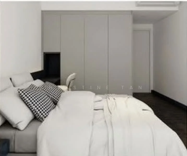 Bedroom features: king-size bed with white bedding, black and white checkered throw pillows, grey upholstered headboard, built-in wardrobe with sliding doors, dark carpet flooring, wall-mounted air conditioning unit, desk with chair, neutral wall color; style: modern.