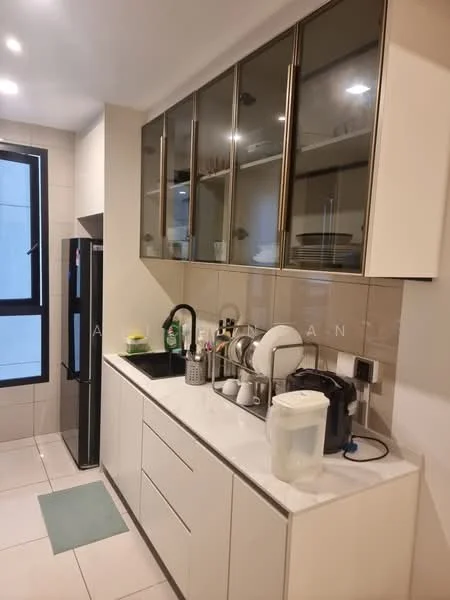 Kitchen features: white cabinetry with glass-front upper cabinets, marble countertop, single-bowl stainless-steel sink, chrome pull-down faucet, built-in refrigerator, built-in microwave, electric kettle, toaster, dishwasher, ceramic tile flooring, white tiled backsplash, recessed downlights, floor-to-ceiling window, grey mat on floor; style: modern.