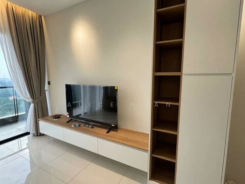 Living features: white painted walls, glossy tile flooring, floor-to-ceiling windows, curtains, TV console with wooden top, wall-mounted TV, built-in shelving unit, decorative items on console; style: modern; view: city.
