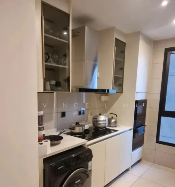 Kitchen features: white cabinetry with glass-front upper cabinets, stainless-steel built-in oven, stainless-steel kettle, stainless-steel pot, stainless-steel sink, chrome pull-down faucet, black cooktop, front-load washing machine, white tiled backsplash, white countertop, recessed downlights, floor-to-ceiling window, grey tiled flooring; style: modern.