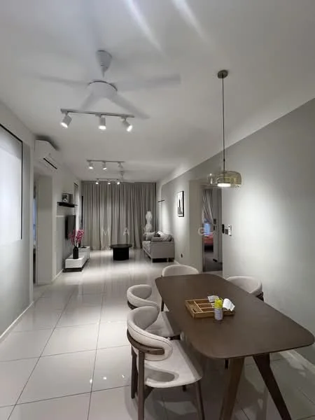 Dining features: rectangular wooden dining table, 4 upholstered dining chairs, pendant lamp above table, white walls, recessed LED downlights, 5-blade ceiling fan, large window with sheer curtains, polished ceramic tile flooring, decorative wall art, TV console, sofa in background; style: modern.