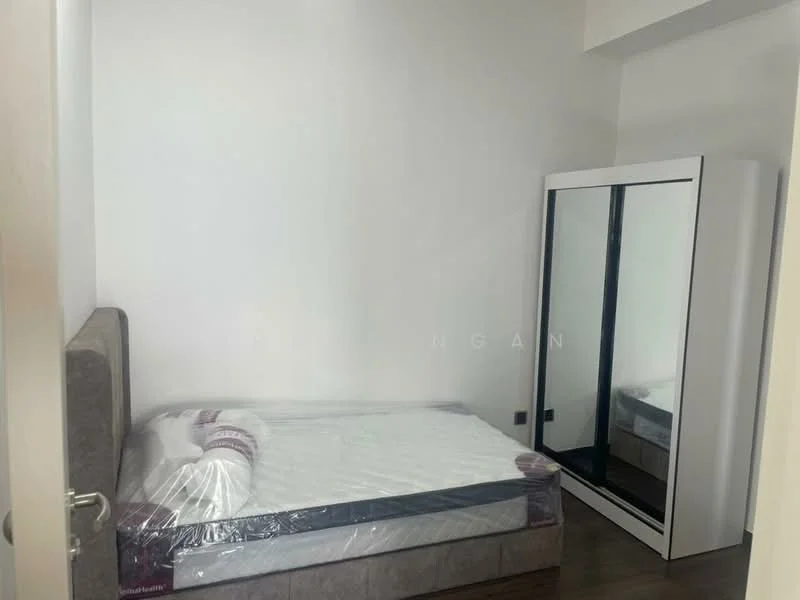 Bedroom features: queen-size bed with protective plastic wrap, upholstered headboard, built-in wardrobe with mirrored doors, wooden flooring, white painted walls, single window, minimalist decor; style: modern.