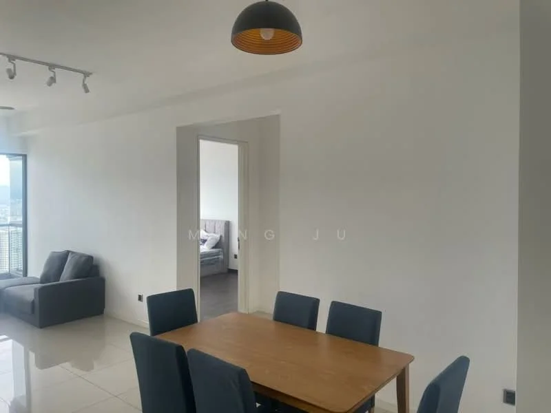 Dining features: dining table with wooden surface, 6 upholstered dining chairs in blue, white painted walls, glossy tile flooring, pendant light fixture, floor-to-ceiling windows, city view through windows; style: modern; view: city. Room features: white painted walls, carpeted flooring visible in adjacent room.