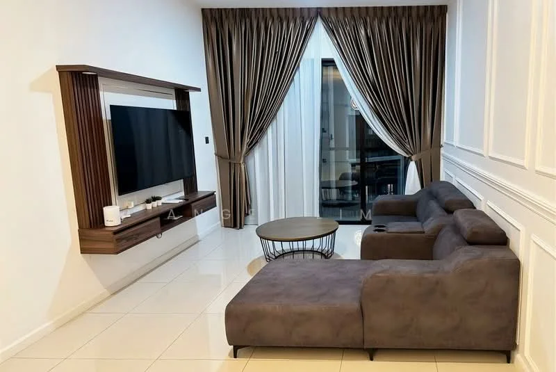 Living features: L-shape sectional sofa in grey, wooden coffee table, wall-mounted TV, TV console with wood finish, white painted walls, cream curtains, floor-to-ceiling windows, tile flooring, decorative wall paneling, recessed lighting; style: modern.