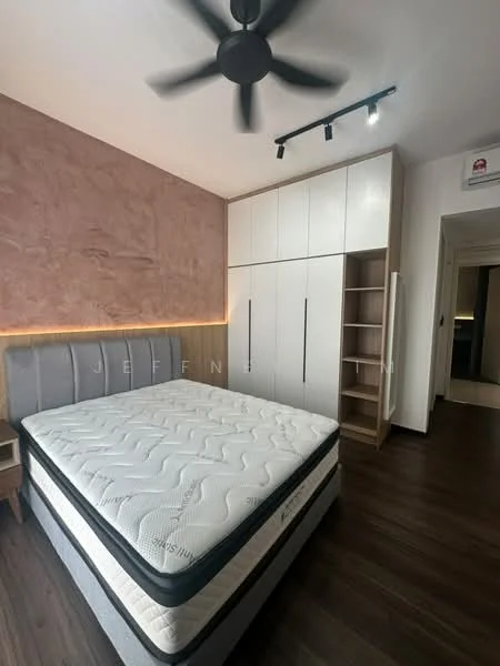 Bedroom features: queen-size bed, upholstered headboard, 5-blade ceiling fan with light, built-in wardrobe with sliding doors, wooden flooring, accent wall with textured finish, nightstands on either side of the bed, recessed lighting, decorative wall lighting; style: modern.