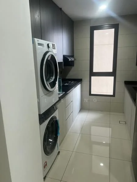 Laundry features: white front-load washing machine, white front-load dryer, black countertop, dark wood cabinetry, grey tiled walls, white tiled flooring, single window, recessed lighting; style: modern.