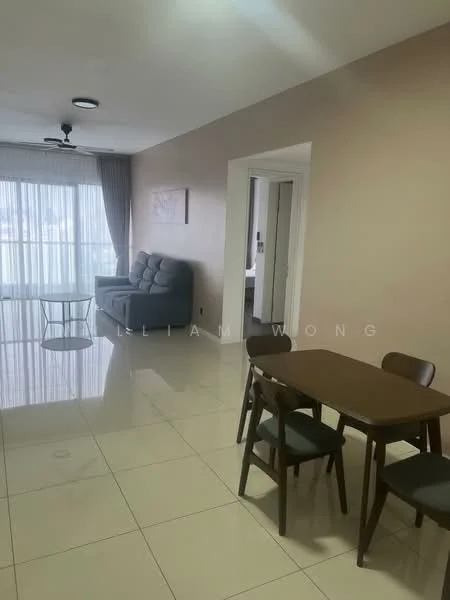 Living features: 3-seater fabric sofa in grey, dining table with 4 chairs, floor-to-ceiling windows, sheer curtains, polished ceramic tile flooring, ceiling fan, recessed downlights, neutral painted walls; style: modern.