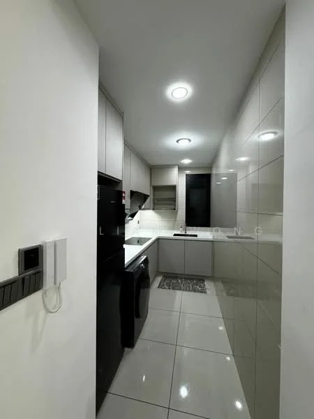 Kitchen features: white cabinetry, black refrigerator, black washing machine, white countertop, stainless-steel sink, chrome faucet, ceramic tile flooring, recessed LED downlights, wall-mounted cabinets, tile backsplash, built-in oven, open shelving; style: modern.