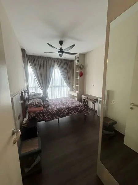 Bedroom features: queen-size bed with patterned bedding, wooden headboard, 5-blade ceiling fan with light, floor-to-ceiling windows with sheer curtains, wooden flooring, built-in wardrobe, decorative wall shelf, full-length mirror, side table, area rug; style: modern.