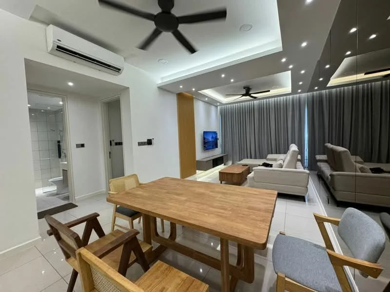 Living features: 3-seater fabric sofa in light grey, 2-seater fabric sofa in light grey, wooden coffee table, TV console, wall-mounted TV, recessed downlights, 5-blade ceiling fan, floor-to-ceiling curtains, white painted walls, glossy tile flooring, air conditioning unit, decorative wall panel; style: modern. Dining features: wooden dining table, 4 wooden dining chairs, white painted walls, glossy tile flooring, recessed downlights; style: modern. Room features: bathroom door, white painted walls, glossy tile flooring.