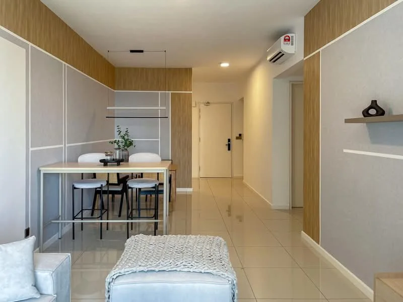 Dining features: rectangular dining table with wooden top, 4 black dining chairs, light grey walls with wood panel accent, white ceiling, recessed downlights, floor-to-ceiling windows, glossy tile flooring, decorative shelf on wall, indoor plant on table; style: modern. Hallway features: white walls, door to entrance, wall-mounted air conditioning unit.
