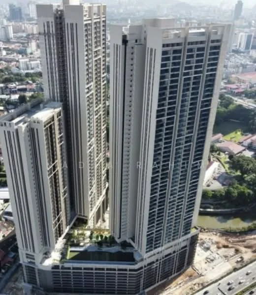 Exterior type: high-rise condominium; features: glass curtain wall, recessed balconies, multiple towers, landscaped garden area, swimming pool deck, surrounded by greenery, urban skyline view, parking area, modern architectural design; style: modern.