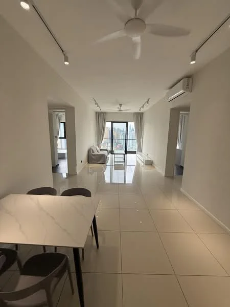 Living features: white painted walls, glossy tile flooring, 5-blade ceiling fan, recessed LED downlights, floor-to-ceiling windows, sheer curtains, sofa in light color, coffee table, dining table with marble top, 4 dining chairs, air conditioning unit; style: modern; view: city.