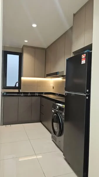 Kitchen features: grey cabinetry, white countertop, stainless-steel single-bowl sink, chrome pull-down faucet, built-in oven, freestanding refrigerator in black, front-load washing machine, ceramic tile flooring, recessed LED downlights, wall-mounted window, backlit countertop, open shelving; style: modern.