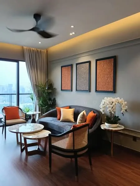 Living features: 3-seater fabric sofa in dark grey, orange and cream accent cushions, 2 accent chairs with cane backrest, round coffee table with marble top, side table with marble top, decorative wall art in three frames, indoor plants, wooden flooring, ceiling fan, floor-to-ceiling windows with sheer curtains, recessed downlights, wall-mounted lighting; style: modern; view: city.