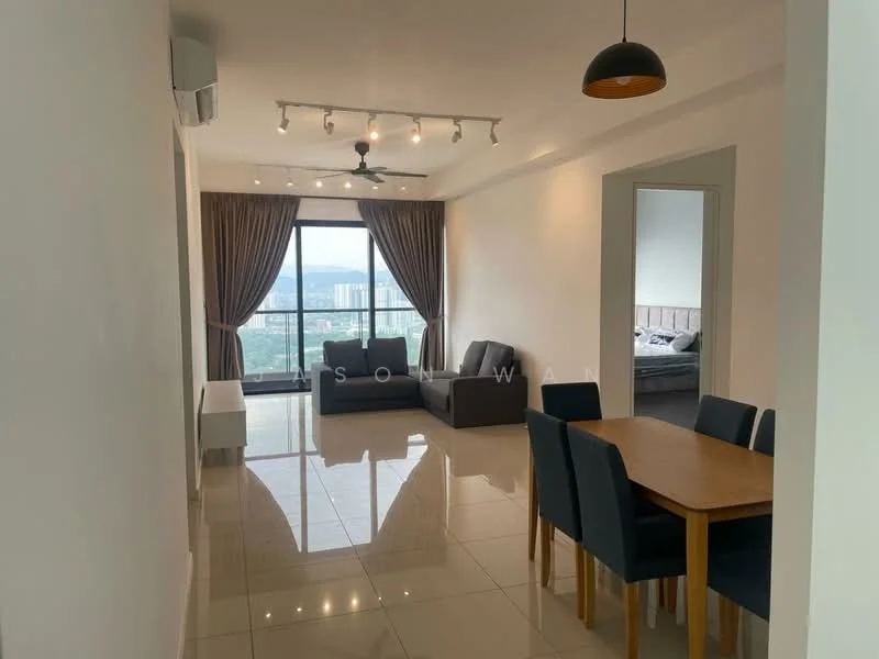 Living features: floor-to-ceiling windows, curtains, 5-blade ceiling fan with light, recessed downlights, polished tile flooring, 2-seater fabric sofa in grey, 2-seater fabric sofa in dark grey, wooden dining table for 4, upholstered dining chairs, wall-mounted air conditioning unit; style: modern; view: city.